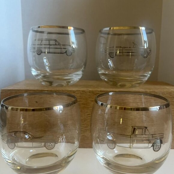 Vintage Chevrolet 1963 Promotional Roly Poly Whiskey Glasses Set Of 4 MCM - Picture 2 of 7
